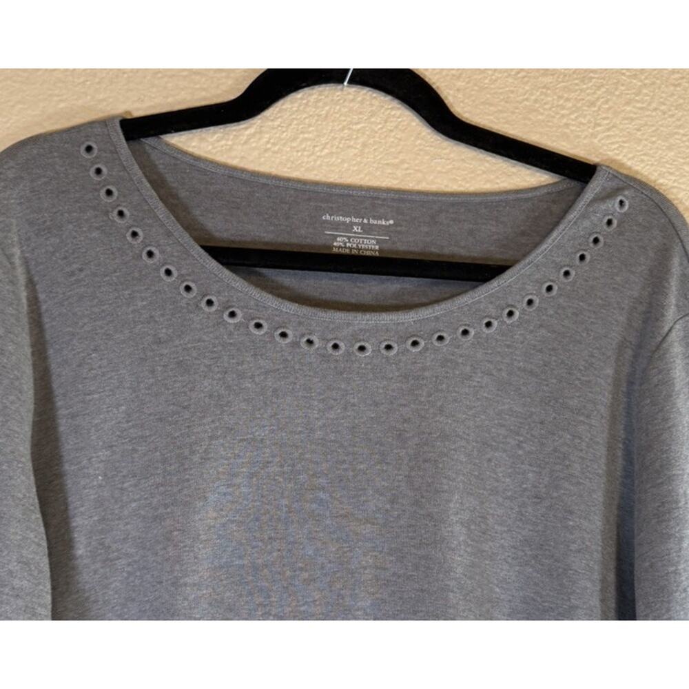 Christopher & Banks XL Gray Solid Cut-Out Neck Cotton Blend 3/4 Sleeve Top - Picture 3 of 5